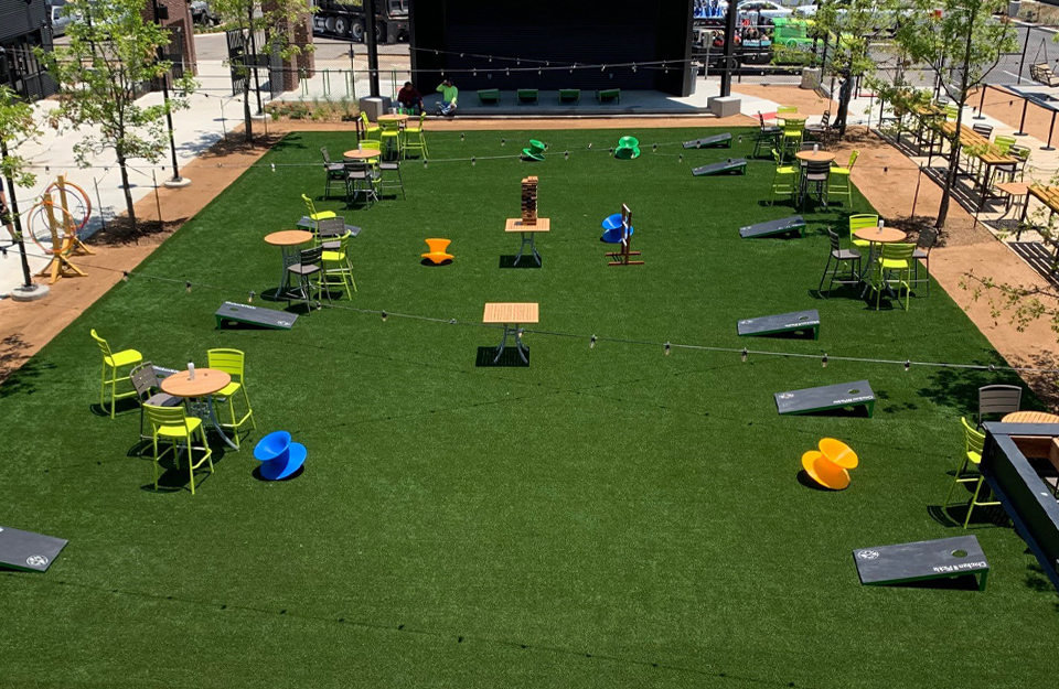 Artificial grass lawn in a courtyard